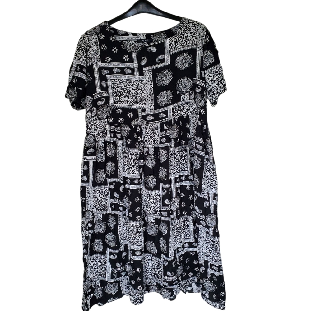 By‎ You! Korean Summer Plus Size Midi Dress Black And White Boho Pattern